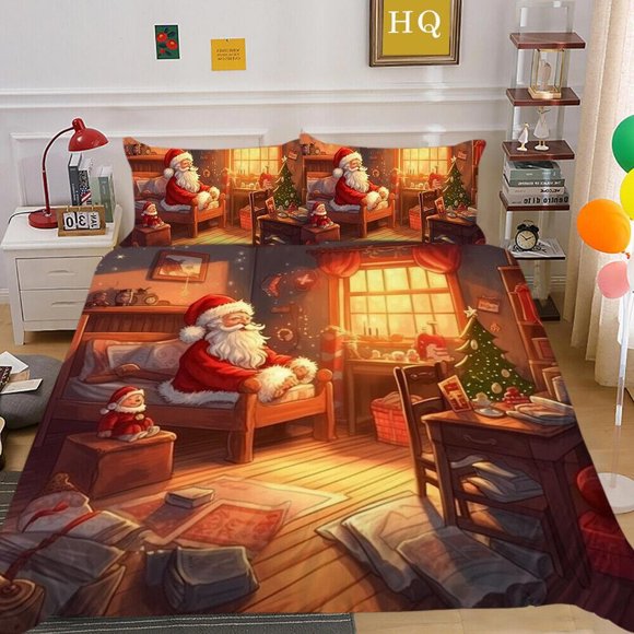 Christmas Gifts Santa Claus Kids Quilt Duvet Cover Set Bedroom Decor3-Piece Bedding Set