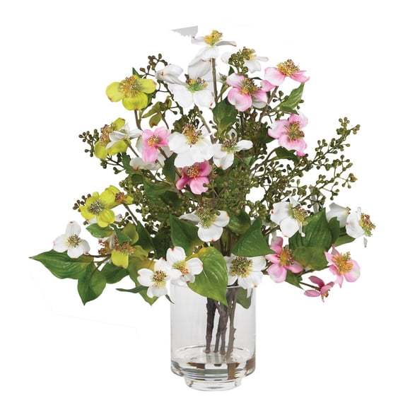 Arreglo floral de seda de cornejo casi natural con jarrón de vidrio