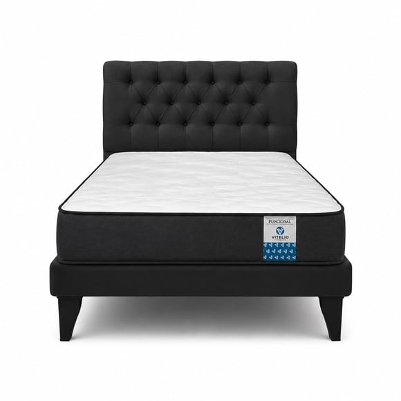 Cama 1.5 Plaza Negro Capitone + Colchón Ortopedico