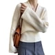 thumbnail image 2 of Suéter de punto estilo americano retro cruzado con cuello en V, cruzado, holgado, de cintura corta y manga larga para mujer, 2 of 5