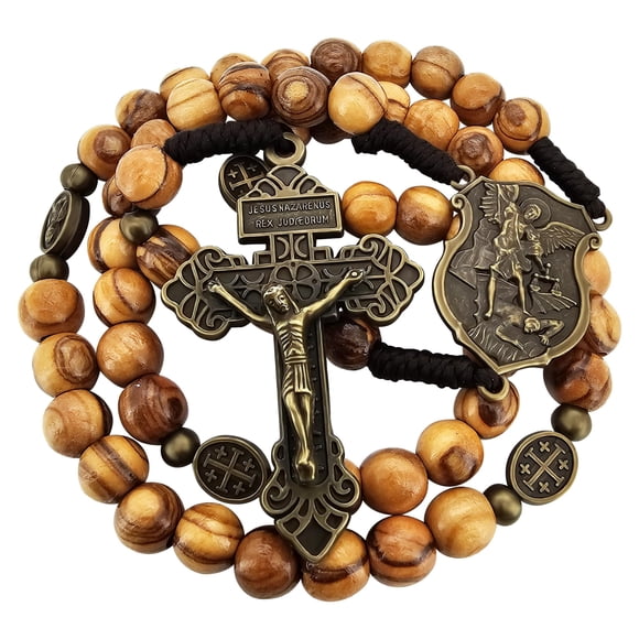 Rosario TALISMAN4U de madera de olivo con San Miguel y crucifijo de bronce