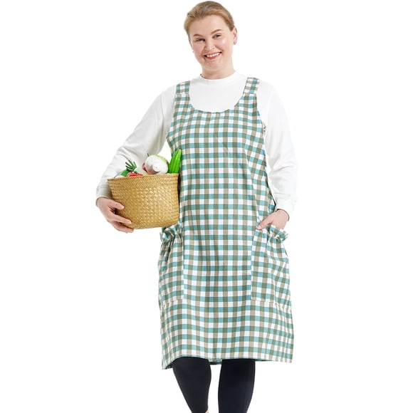 Delantal grande para mujer, talla grande, algodón y lino, con rejilla verde