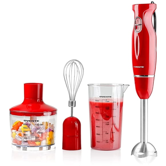 Batidora de mano OVENTE Immersion 300 W, 2 velocidades con accesorios, color rojo