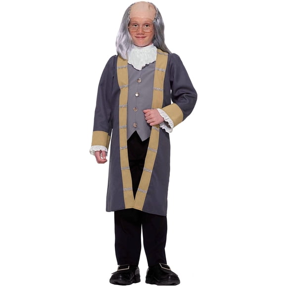 Disfraz de Ben Franklin para niños, tamaño grande, con chaqueta, chaleco y jabot