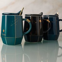 Decostilo - Taza Diseño Galaxia Con Tapa Y Cuchara Dorada
