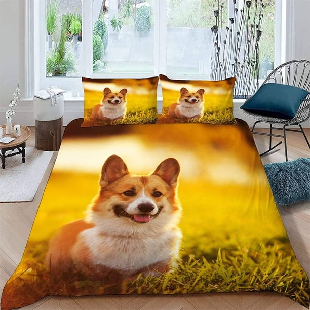 x572 Bed SheetsCorgi Duvet Cover Set Size Polyester Comforter Cover For Kids Boys Girls Bedding Set With Pillowcase Cute Kawaii Dog 3-Piece Bedding Set (1 Duvet Cover + 2 Pillow Shams) nj572
