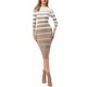 thumbnail image 1 of INSPIRE CHIC Vestido de Punto a Rayas para Mujer, Manga Larga, Elástico, Cuello Redondo, Ajustado, Tejido de Canalé, Casual, Largo de Otoño, Talla S, Caqui Blanco, 1 of 6