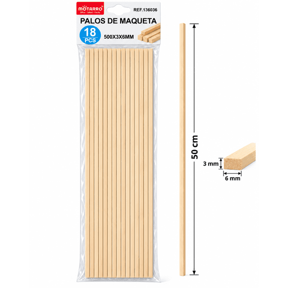 Pack 18 Palos de Madera para Maquetas 50 cm x 3 mm x 6 mm