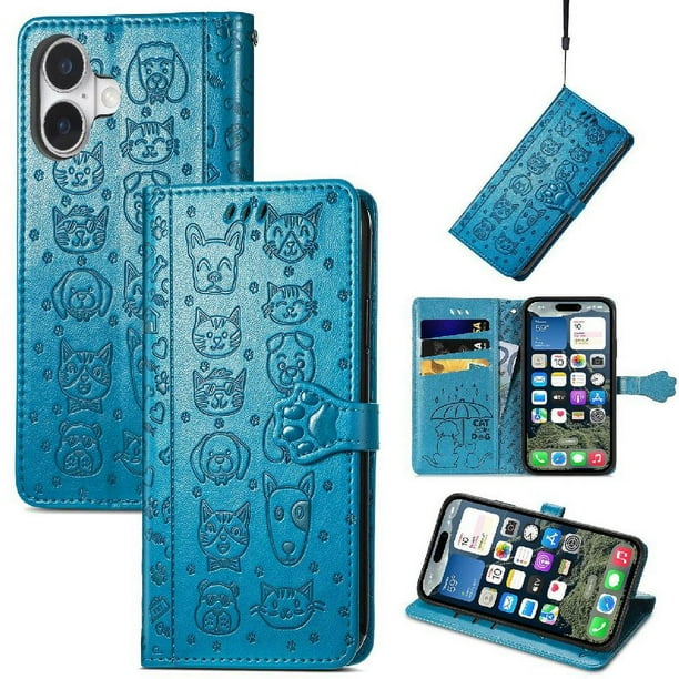 Funda Cartera FOXDOCK para iPhone 16 Plus , Flip PU con Relieve de Gatos y Perros, Tarjetero y Soporte