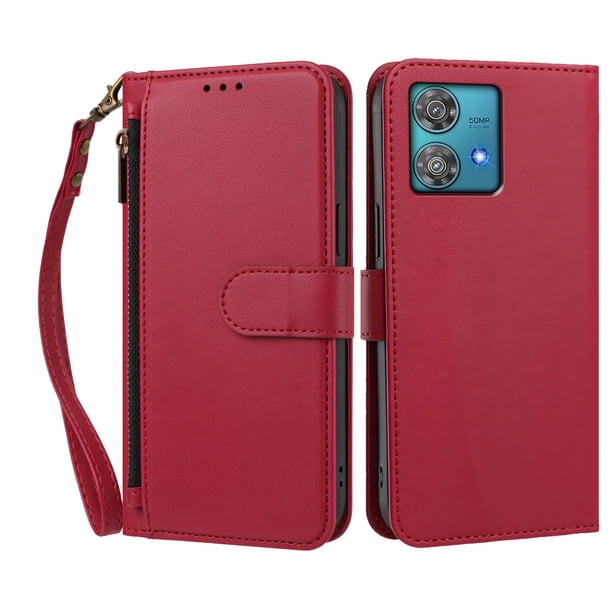 Funda Tipo Billetera para Motorola Moto Edge 40 Neo 5G con Soporte y Bolsillo con Cierre Rojo