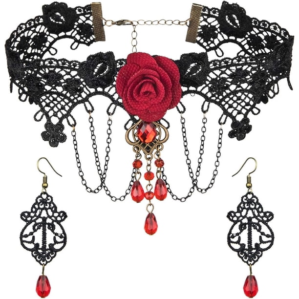 Conjunto de collar y pendientes de encaje negro - Gargantilla con colgante de lolita gótica, accesorio para bodas, cumpleaños y Navidad.