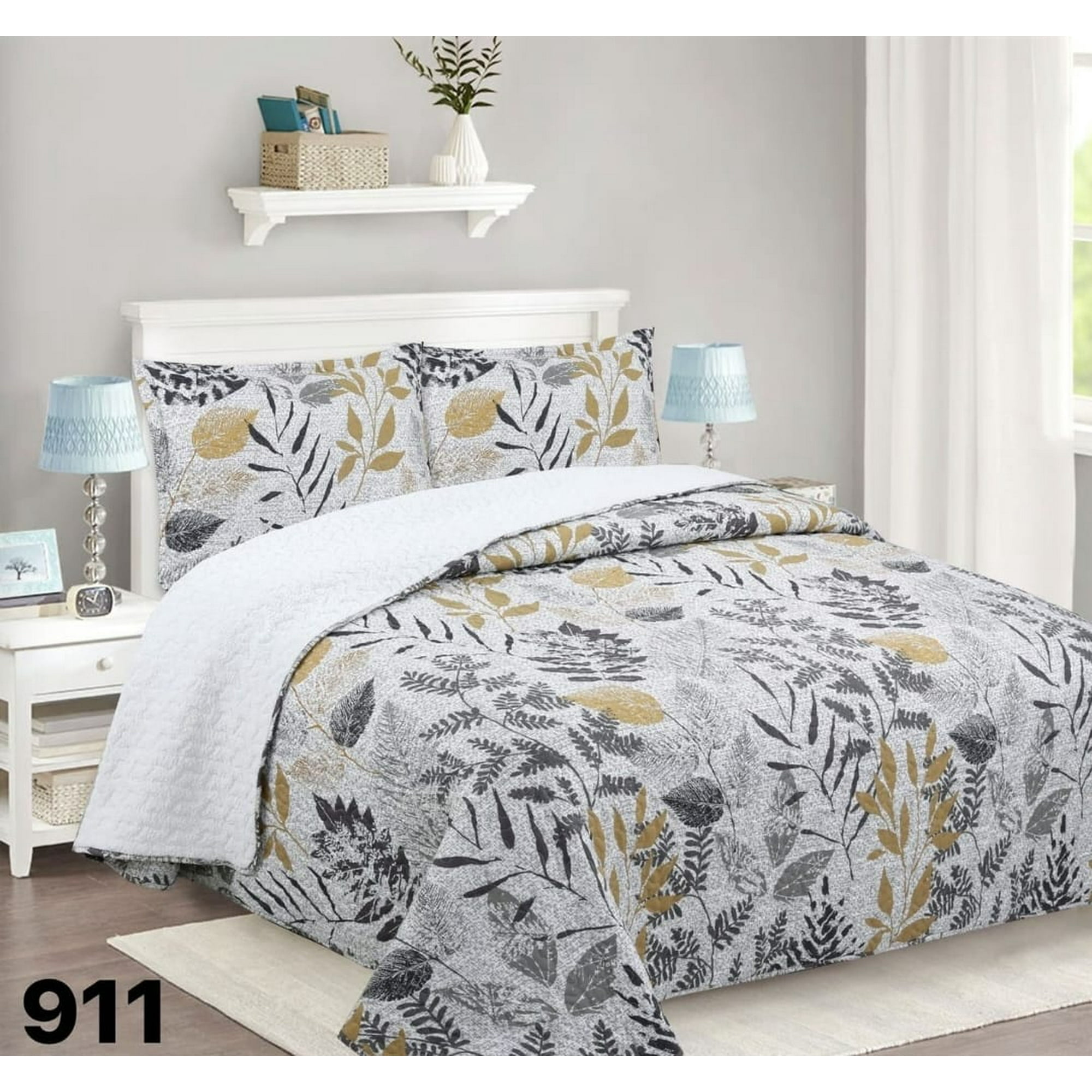 Gnerico - Cubrecama Quilt Sherpa 1 1/2 Plazas - Blanco Hojas Doradas M911