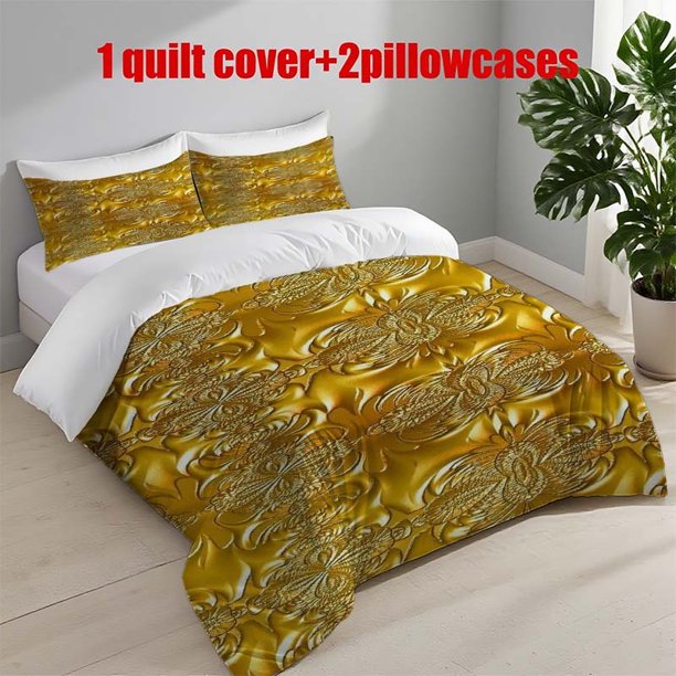 3pcs Golden Texture Design Themed Printed Bedding Set Duvet Cover and Pillowcases