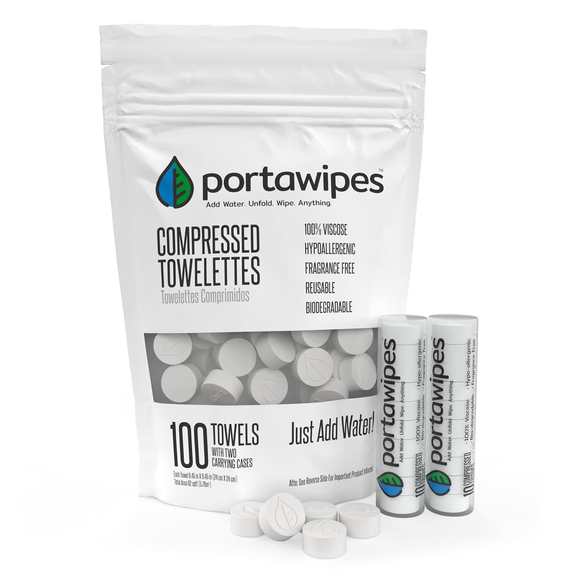 Toallitas Comprimidas Portawipes, Paquete De 100 Con 2 Fundas