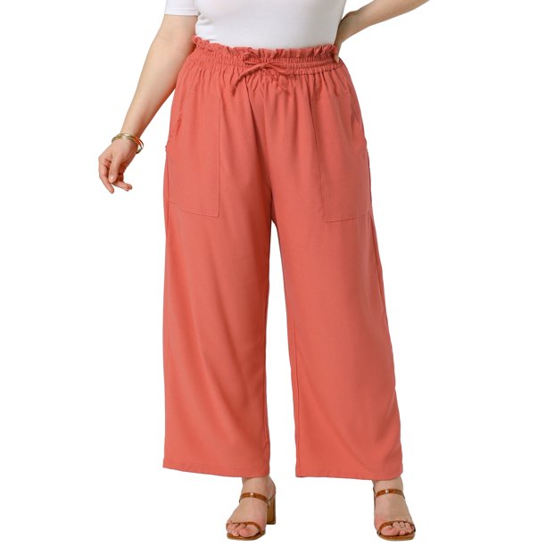 Agnes Orinda Pantalones Palazzo de Talla Grande para Mujer, Pliegue con Cordón, Cintura Alta Elástica, Pantalones Casuales de Pierna Ancha con Bolsillos 3X Rojo Ladrillo