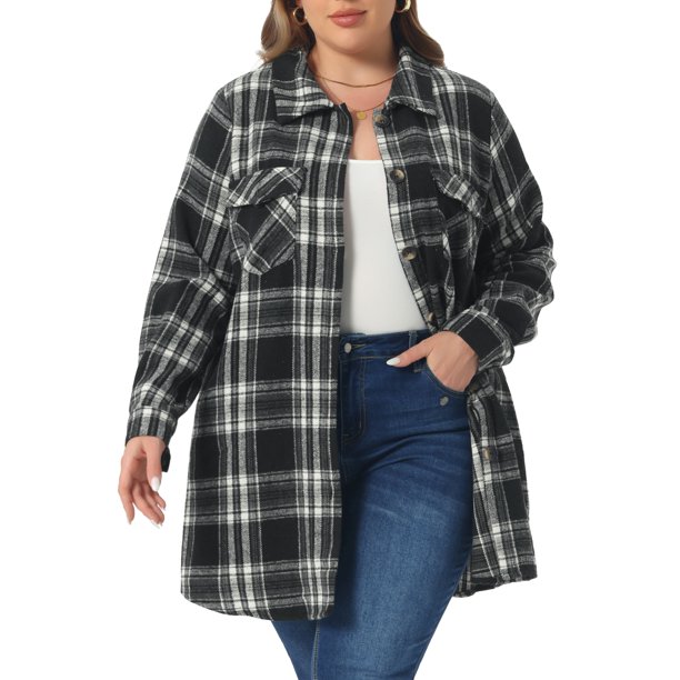 Agnes Orinda Conjuntos de Halloween para Mujeres Tallas Grandes Chaqueta de Cuadros Shacket Manga Larga Camisa de Franela con Botones Chaqueta de Moda 1X Negro