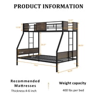 M&Ms - Twin Over Full Bunk Beds, Metal Bunk Bed Frame With Safety Guardrail And 2 Ladder For Kids,Sturdy Metal Frame And Protective Board Supports, No Box Spring Needed, Easy Assembly