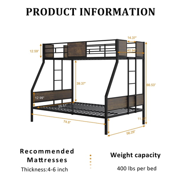 Twin Over Full Bunk Beds, Metal Bunk Bed Frame with Safety Guardrail and 2 Ladder for Kids,Sturdy Metal Frame and Protective Board Supports, No Box Spring Needed, Easy Assembly