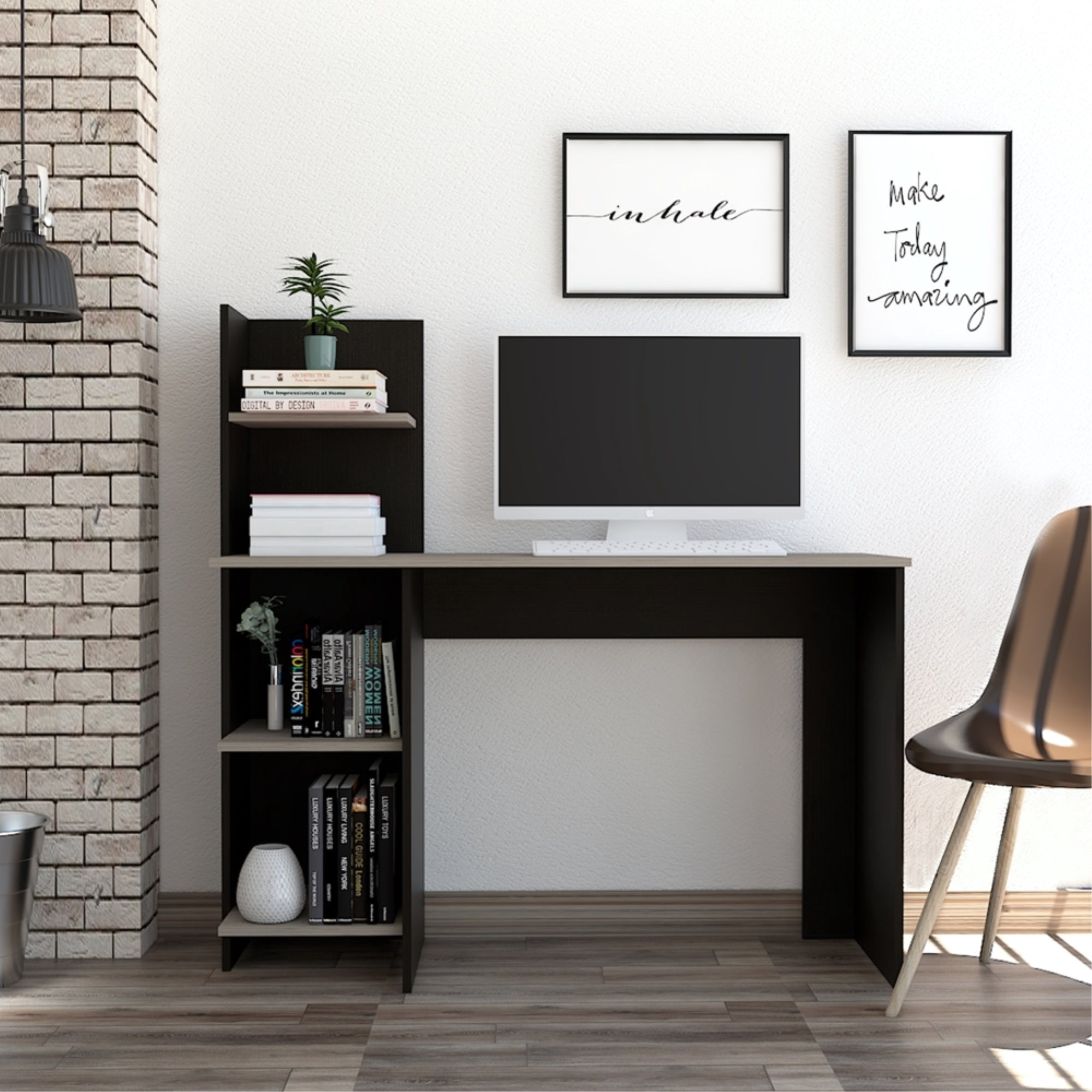 Tuhome - Escritorio Con Biblioteca Office Wengue Y Ceniza 120x120x45 Cm