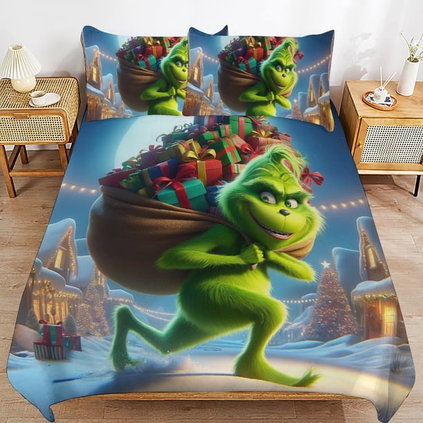 Grinch Bedding Set Duvet Cover Comfortable and Lightweight Cartoon Bedding 3 Piece Bed Set