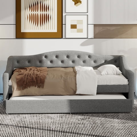 M&Ms - Upholstered Twin Xl Size Daybed With Led Belt And Trundle, Gray