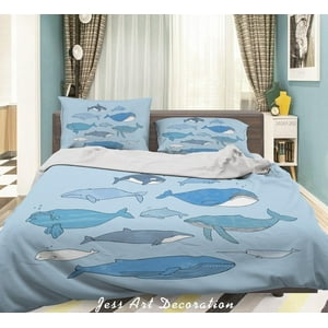 Milsleep - 3D Cartoon Azul Océano Tiburón Ballena Pez Patrón Funda De Edredón Set Ropa De Cama Set