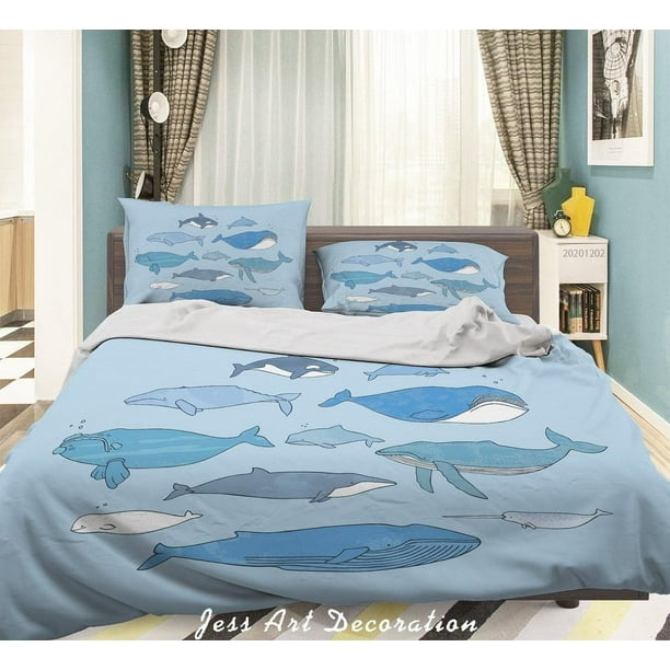 3D Cartoon Azul Océano Tiburón Ballena Pez Patrón Funda de edredón Set Ropa de cama Set