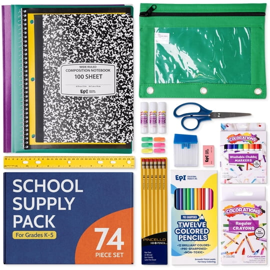 Kit De Útiles Escolares Epi De 74 Piezas, Rayado Ancho, Para K-5