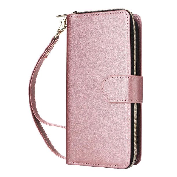 Funda Cartera con Cremallera y Correa para Samsung Galaxy A24 4G Soporte y Tarjetero Oro rosa