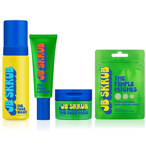 Kit de acné JB SKRUB para chicos – Rutina de 4 pasos: limpiador, toallitas, loción