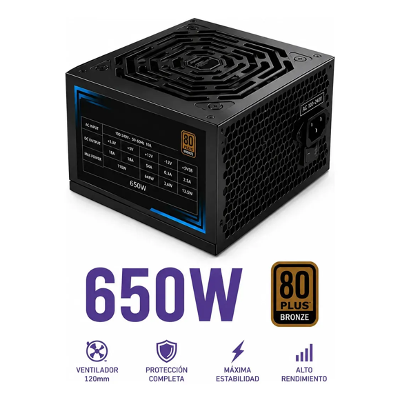 Fuente De Poder 650w 80 Plus Bronze Atx 2.1 Apfc Para Pc Gamer 4 Pcie 8 Sata Ventilador 120mm Protección Completa Compatible Intel Amd