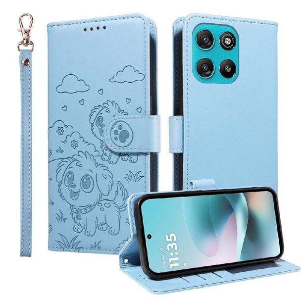 Funda Cartera para Motorola Moto G57/G57 Power Perro Cachorro Grabado con Tarjetas Soporte Correa Azul