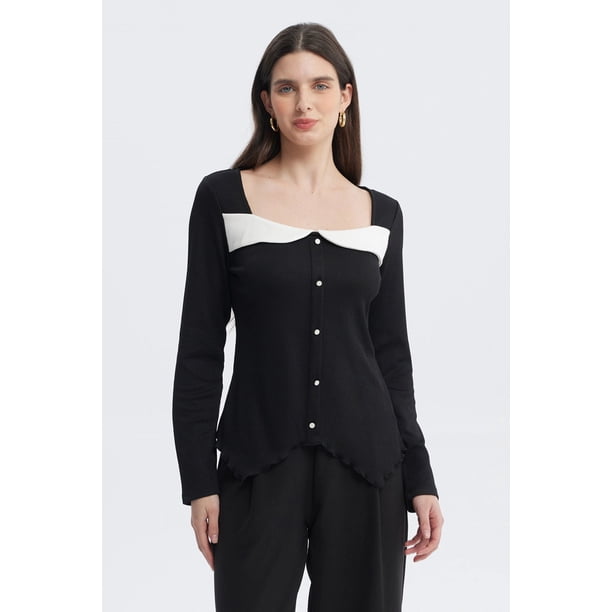 Polera Mujer Escote Cuadrado Aplicación Botones Negro