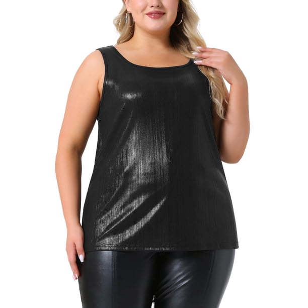Agnes Orinda Trajes de Halloween para Mujeres Tallas Grandes Tops de Escuela Universitaria Cuello Redondo Sin Mangas Fiesta Clubwear Holográfico Brillante Metálico Camiseta Sin Mangas 2X Negro