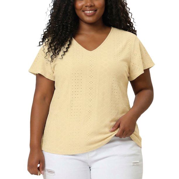 Agnes Orinda Blusa de Manga Acampanada para Mujer de Talla Grande para Escuela y Universidad, Cuello en V, Primavera Verano, Camiseta Hueca, Talla 2X, Amarillo