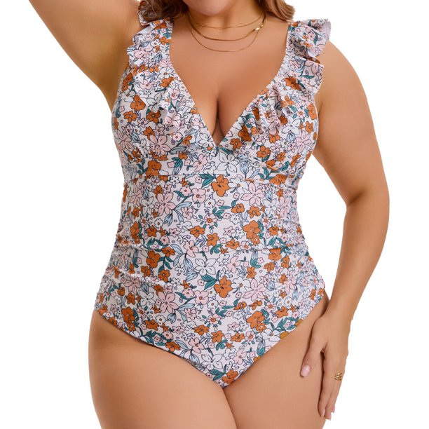 Agnes Orinda Traje de Baño de Una Pieza para Mujer Talla Grande Control de Abdomen Push Up con Volantes Escote en V con Cordones Conjunto de Baño para Fiesta en la Playa Piscina 2X Beige