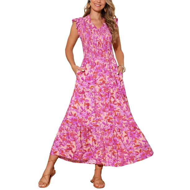 INSPIRE CHIC Vestido largo floral de mujer con cuello en V, fruncido, con volantes, escalonado, de verano, para la playa, con mangas cortas y bolsillos, talla S, rosa intenso