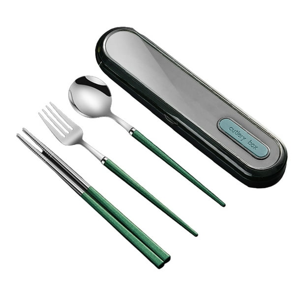 Cubiertos de viaje reutilizables de acero inoxidable, juego de utensilios con estuche, lonchera portátil para acampar y la oficina.