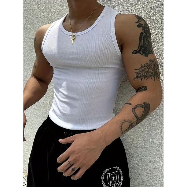 Camiseta Elasticada Sin Manga Hombre Acanalada Algodón Musculosa 38