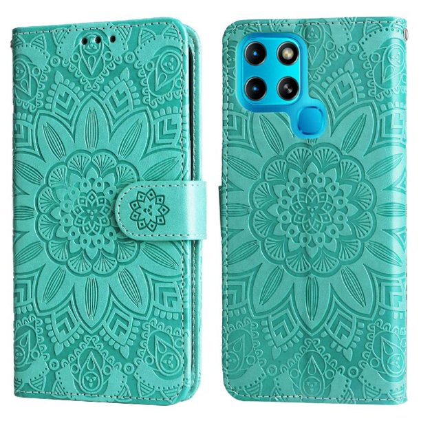Funda tipo cartera FOXDOCK para Infinix Smart 6 , diseño girasol en relieve, cuero PU, cierre magnético, soporte y tarjetero