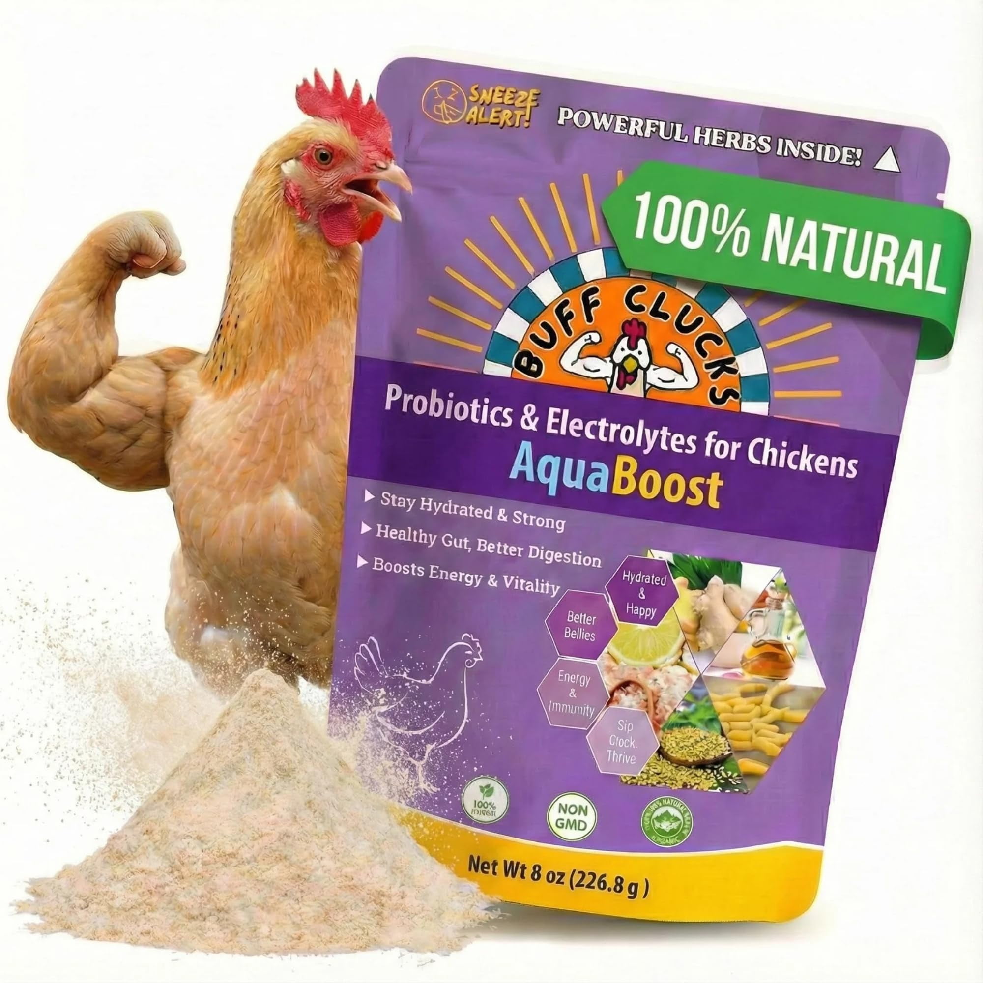 Powder Buff Clucks AquaBoost Probióticos y Electrolitos 226 g