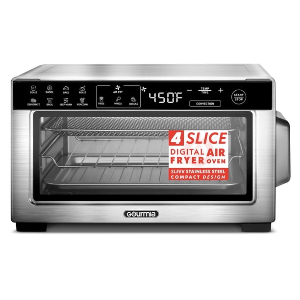 Horno Tostador Digital con Freidora de Aire Gourmia para 4 Rebanadas, Acero Inoxidable