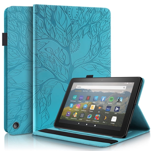 Funda con relieve del Árbol de la Vida para tablet Fire HD8(2022) con soporte, ranuras para tarjetas y soporte para lápiz óptico. Azul