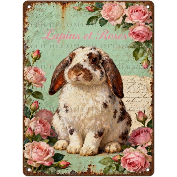 Letrero estaño metal conejo Pascua vintage conejo flor huevo primavera arte pared hogar granja cocina dormitorio 20x30cm