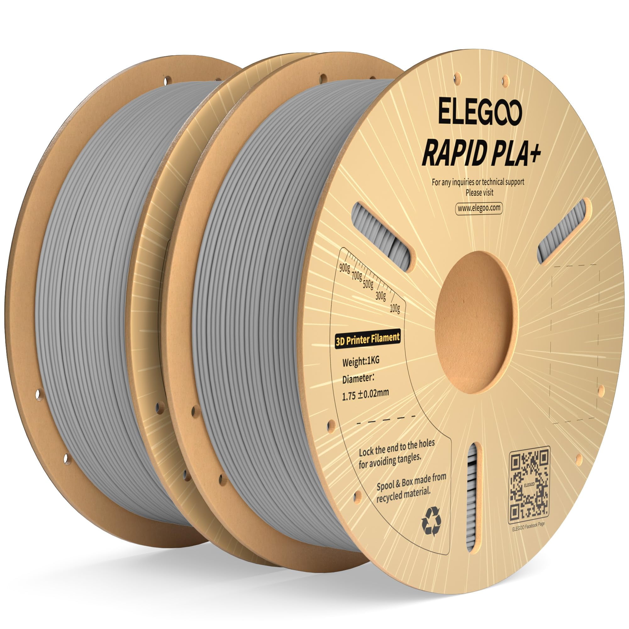 Filamento Para Impresora 3d Elegoo Rapid Pla Plus De 1,75 Mm, Color Gris, 2 Kg