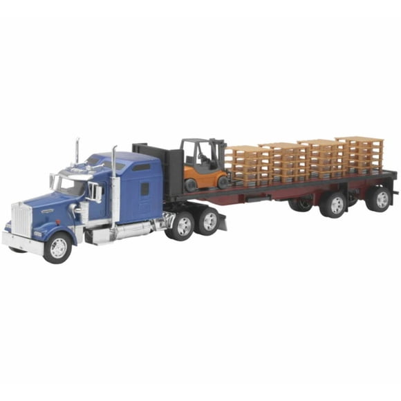 Modelo a escala 1/32 de camión Kenworth W900 de metal fundido con remolque plataforma