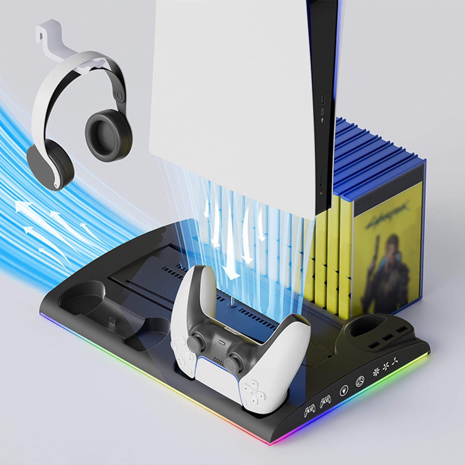 Aaronmei - Vertical Cooling Fan Stand For Ps5/Ps5 Slim Disc And Digital Edition With 2 Controller Charging Stations, Rgb Led Lights, 13 Game Slots, Media Remote Slot, Ps5 Accessories.-Black