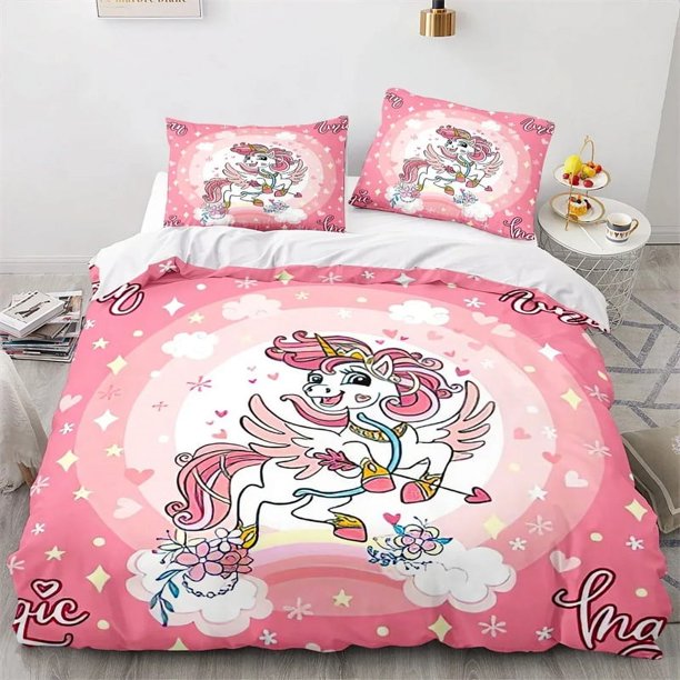 x2218 Bed SheetsCartoon Unicorn Duvet Cover Lovely White Mythical Animal Bedding Set Kids Girl Colorful Rainbow Polyester Quilt Cover 3-Piece Bedding Set (1 Duvet Cover + 2 Pillow Shams) nj2218