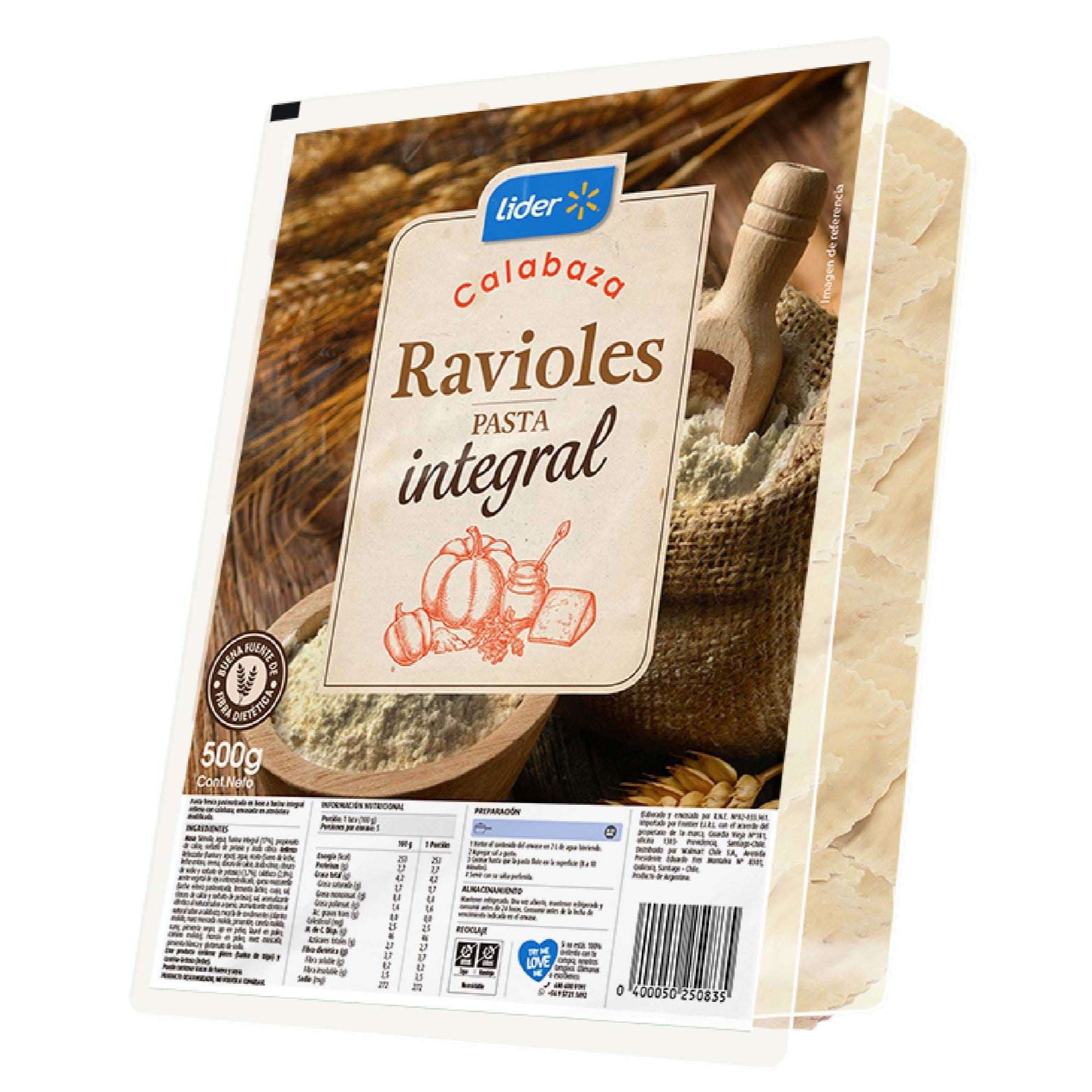 Pasta Fresca Ravioles Integrales Calabaza 500 g Lider