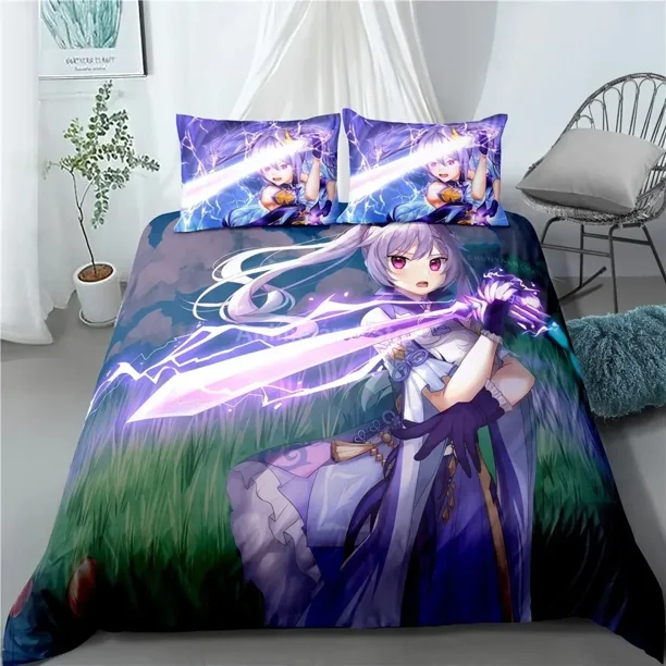 Keqing Bedding Set Genshin Impact Game Bed Linen Quilt Soft Duvet Cover Sets Home Room Decor Size Purple Bed Sheets